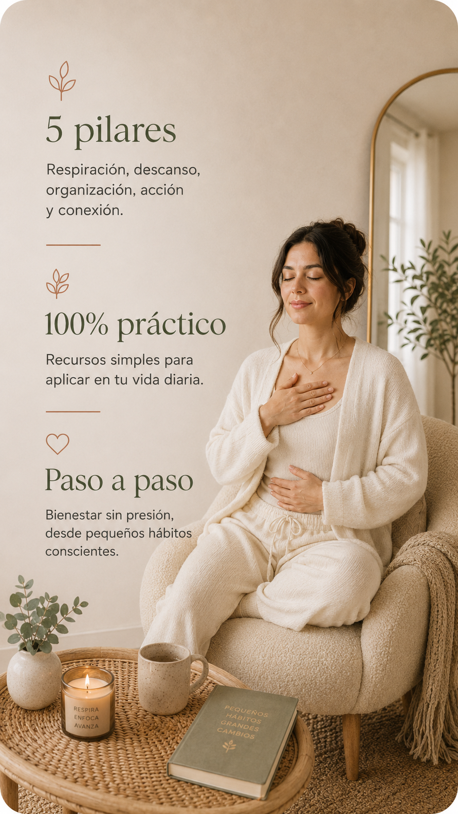 Respiración, descanso, organización, acción y conexión.</p>
<p>100% práctico<br />
Recursos simples para aplicar en tu vida diaria.</p>
<p>Paso a paso<br />
Bienestar sin presión, desde pequeños hábitos conscientes.
