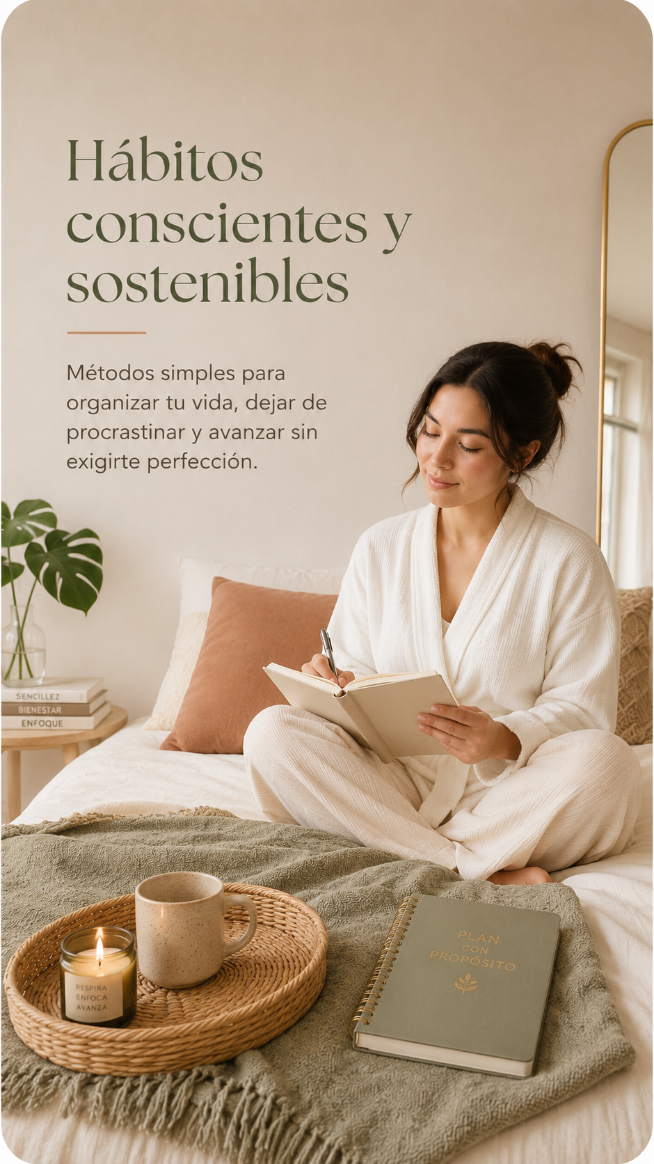 Persona en un espacio tranquilo escribiendo en un cuaderno, representando bienestar práctico, calma mental, organización personal y hábitos conscientes.