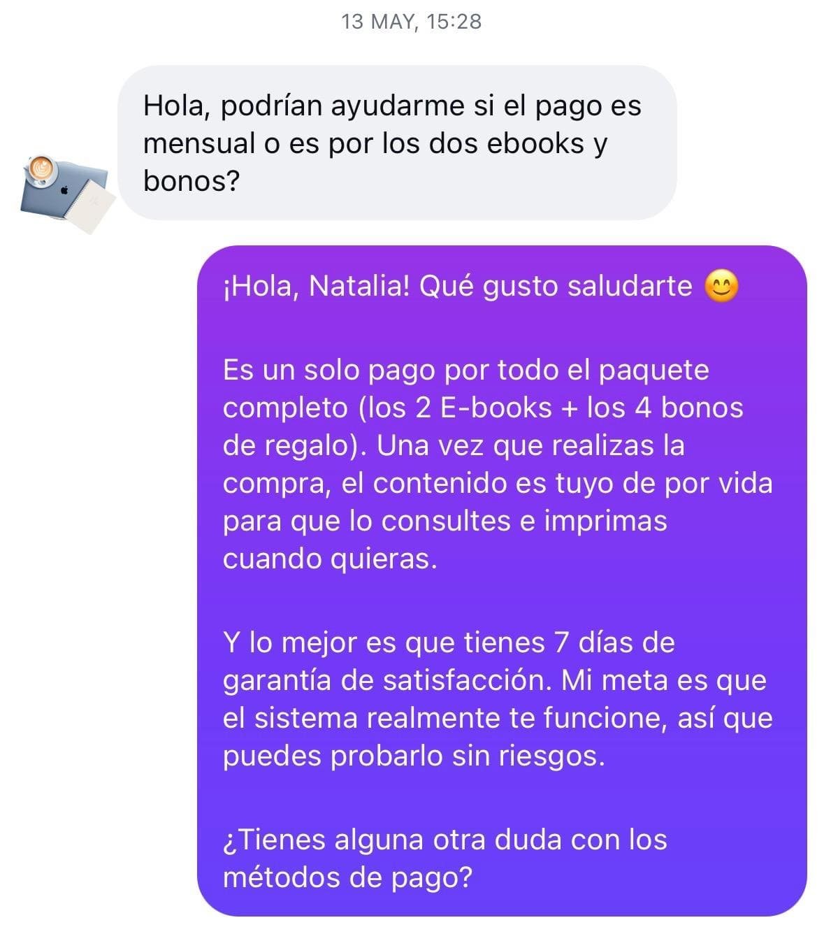 Captura real de WhatsApp: consulta sobre el pago y respuesta sobre la garantía de 7 días