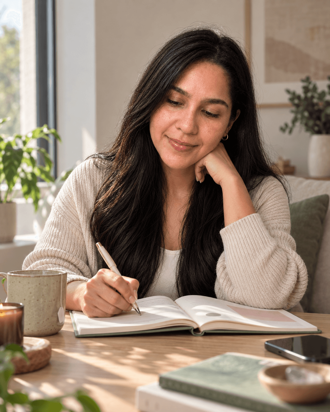 Mujer escribiendo en un diario en su escritorio