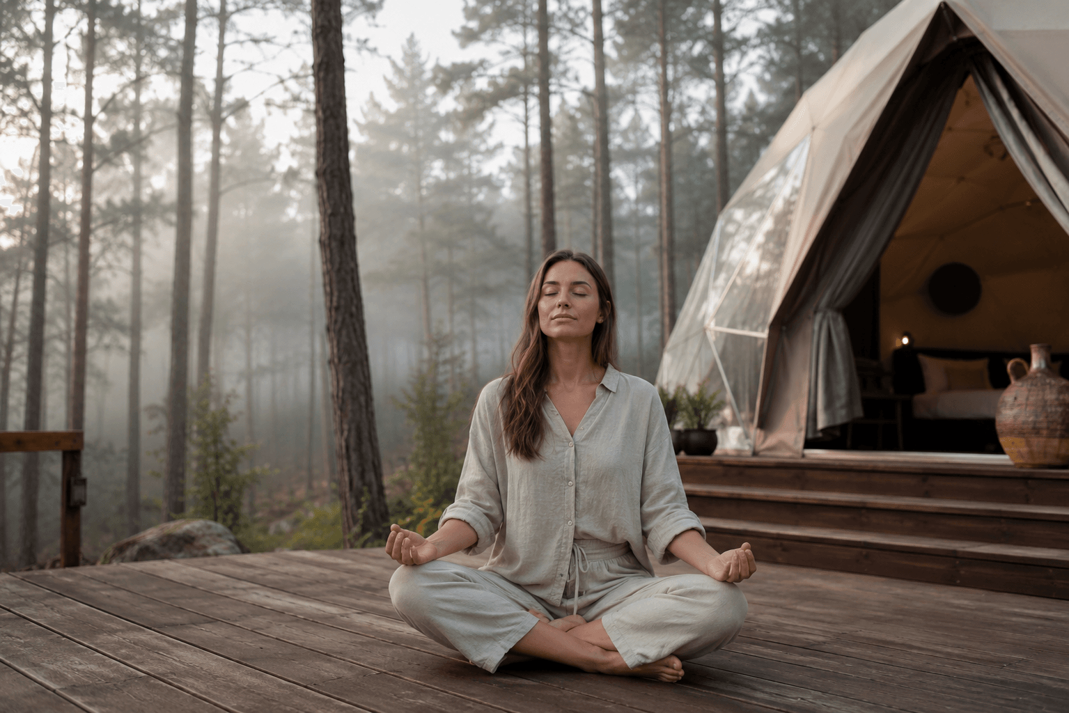 Mujer meditando en una terraza de madera en medio de un bosque con niebla, con una carpa de glamping al fondo