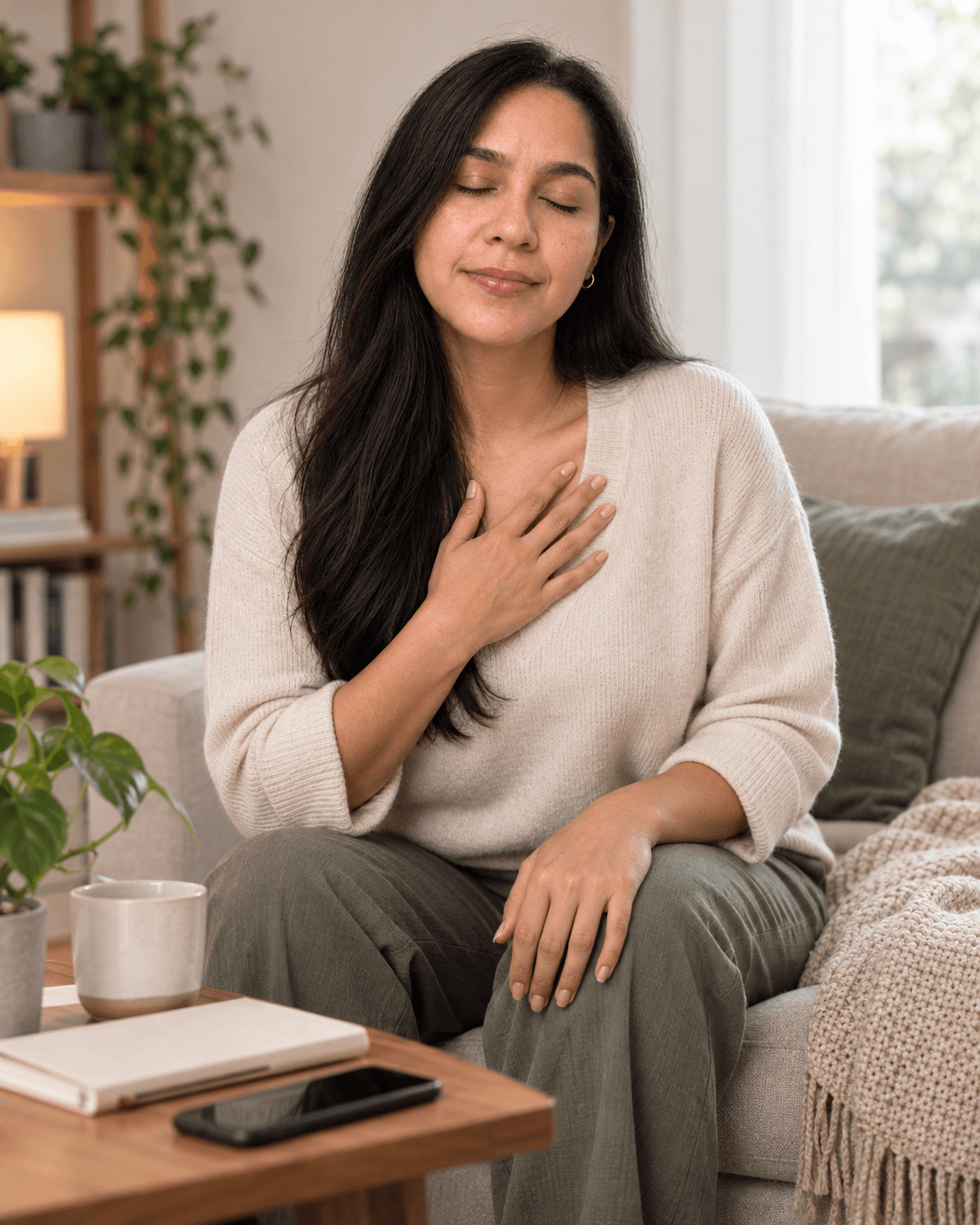 Mujer respirando con calma, con una mano sobre el pecho