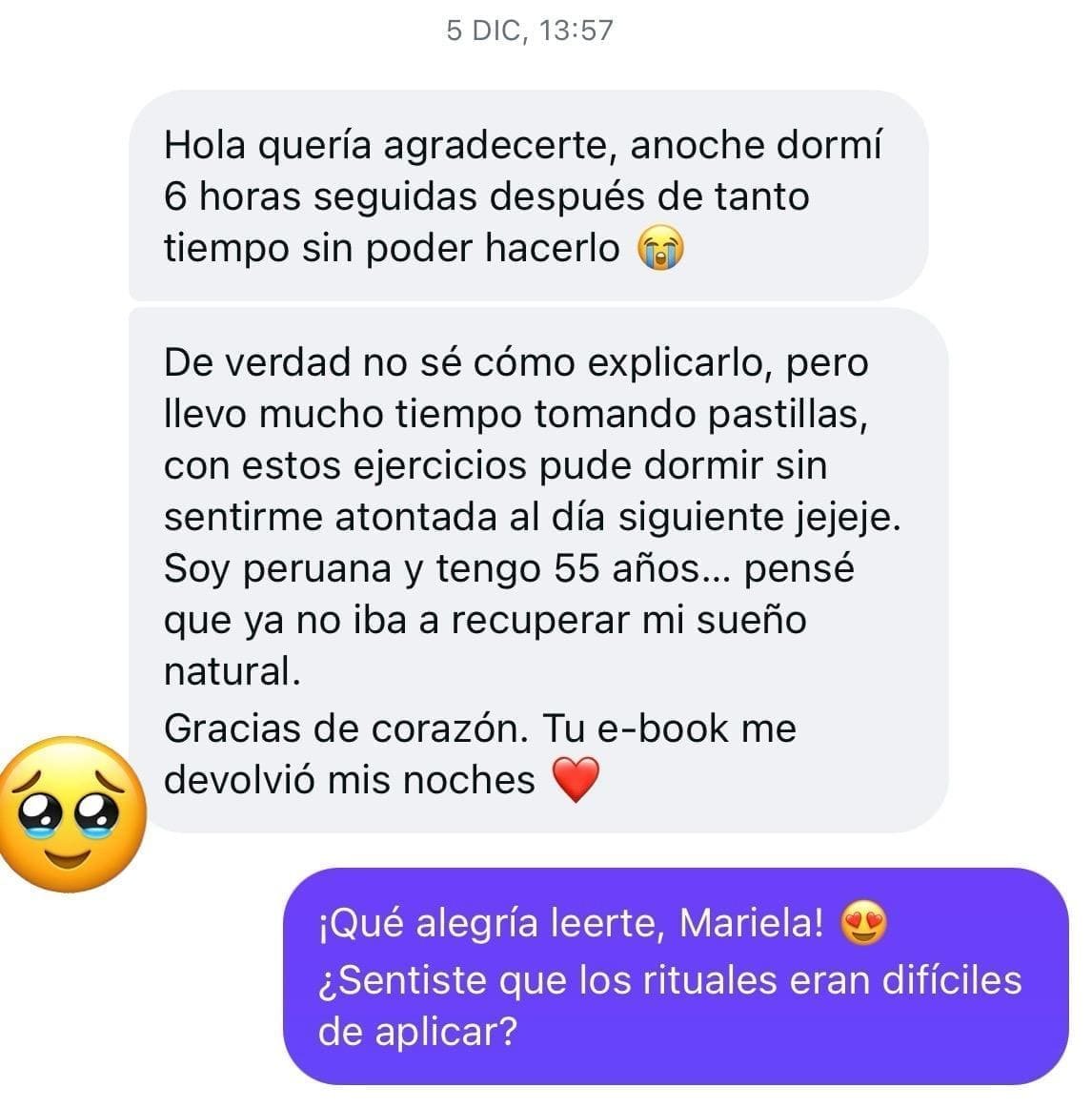 Captura de WhatsApp: testimonio real sobre el ebook Mente Tranquila, Sueño Profundo