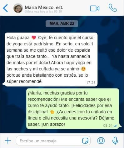 Captura de WhatsApp: testimonio real sobre el curso de Yoga