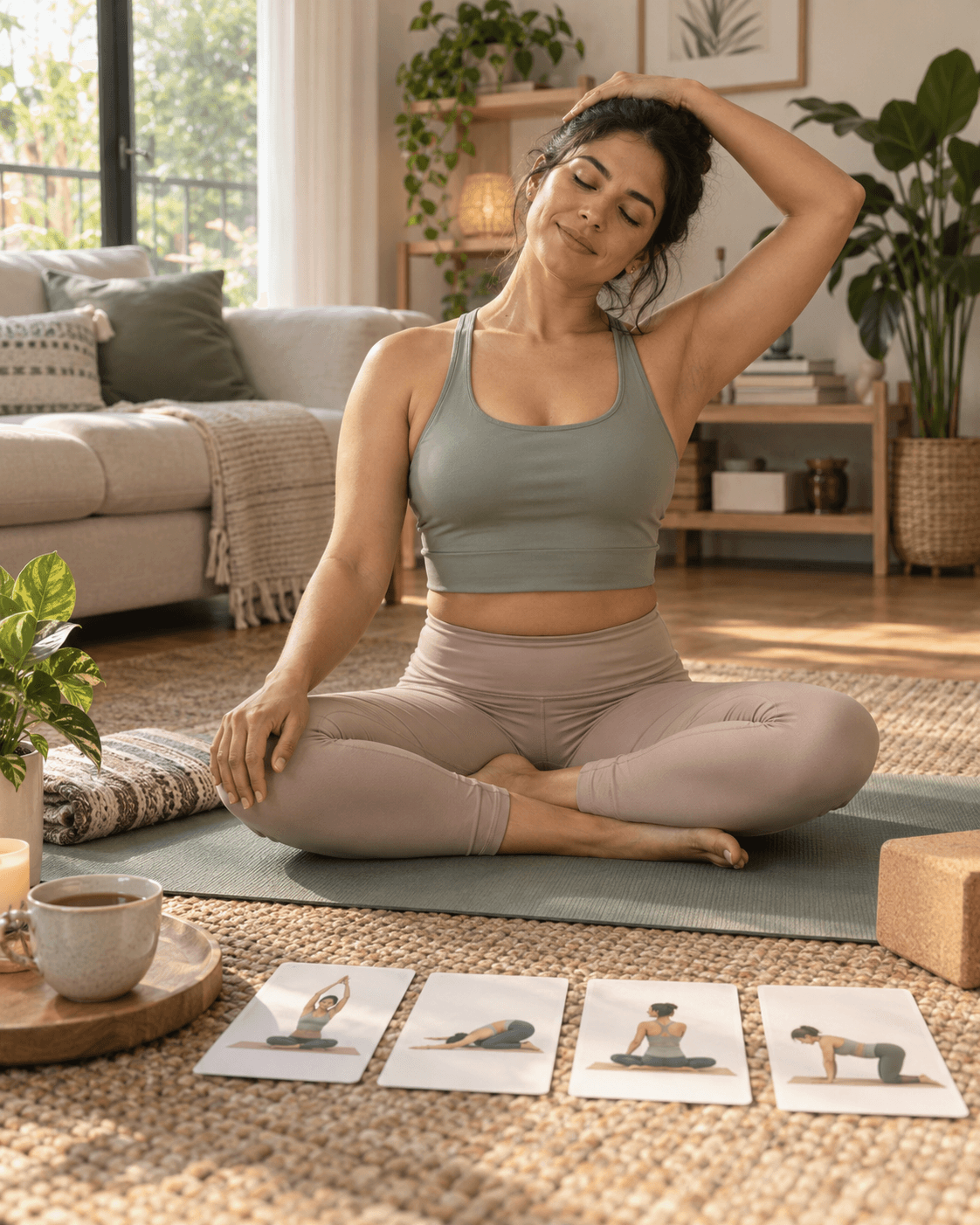 Mujer sentada sobre un tapete de yoga, con tarjetas ilustradas de posturas junto a ella